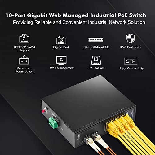 Image of MokerLink 8 Port PoE Gigabit Industrial DIN-Rail Ethernet Switch Managed, 2 SFP Ports, IEEE802.3af /at, 20Gbps Switching Capacity, Web Managed IP40 Network Switch (-40 to 185F)