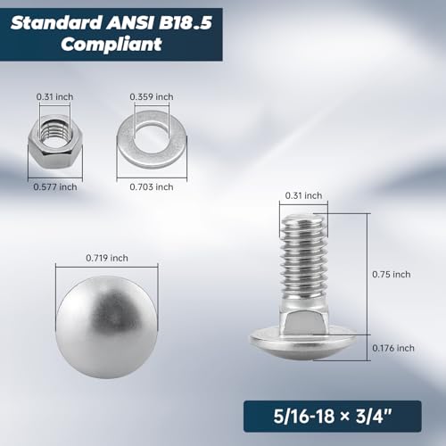 Image of 5 /16-18 x 3 /4 Inch Carriage Bolt Kit, 304 Stainless Steel (18-8) with Hex Nuts & Flat Washers - 10 Sets, Round Head Square Neck, Full Thread Coverage by Glvaner