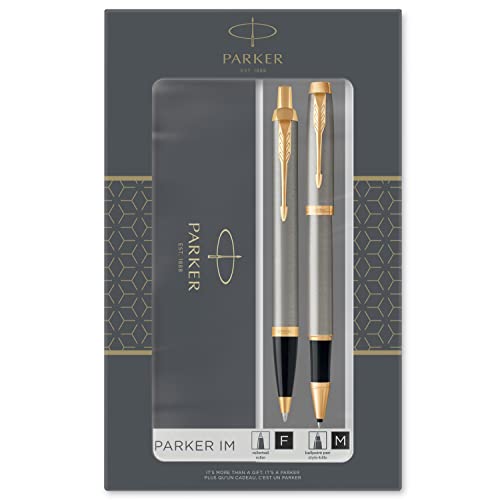 Parker IM Duo Coffret-cadeau avec Stylo Bille et stylo roller | finition métal Brossé avec attributs Or