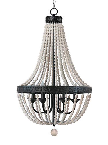 Wood Beaded Chandelier Ceiling Pendant 6-Light Fixture Wooden Bead and Metal Chandeliers, Industrial Metal Ceiling Lamp Kitchen Island Vintage Hanging Light Fixtures