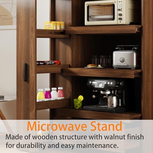 Image of Farmhouse Kitchen Pantry Cabinet, 70.87 inch Tall Freestanding Cupboard with Multi-Tier Storage Rack and Microwave Stand for Kitchen, Dining Room, Dark Walnut