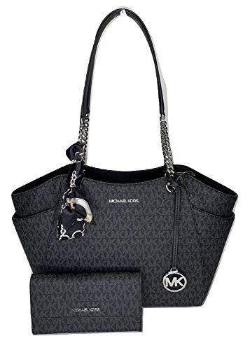 MICHAEL Michael Kors Jet Set Travel Large Chain Shoulder Tote bundled with Michael Kors Jet Set Travel Trifold Wallet (Signature Black)