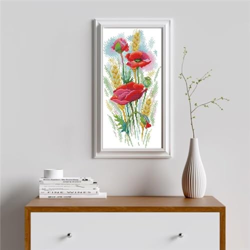 Image of Stamped Cross Stitch Kits for Beginners- Full Set of Poppy Charm Embroidery for Adults,11 CT 3 Strands DIY Patterns Counted Arts Craft 9.5x18.5 inch