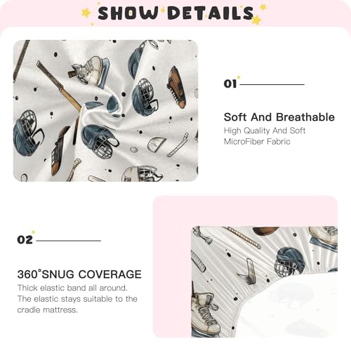 Image of Vintage Ice Hockey Balls Crib Sheets Soft Breathable Fitted Baby Crib Sheets Mattress Cover for Girls Boys, 52 inch x 28 inch x 9 inch