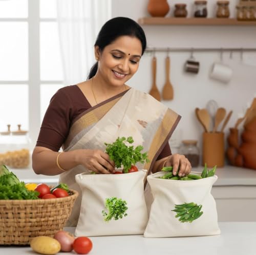 Image of Reusable Cotton Vegetable Storage Bags with Zipper Eco Friendly Washable Produce Bags for Fridge Kitchen Organizer Food Storage Pouches (Pack Of 10)