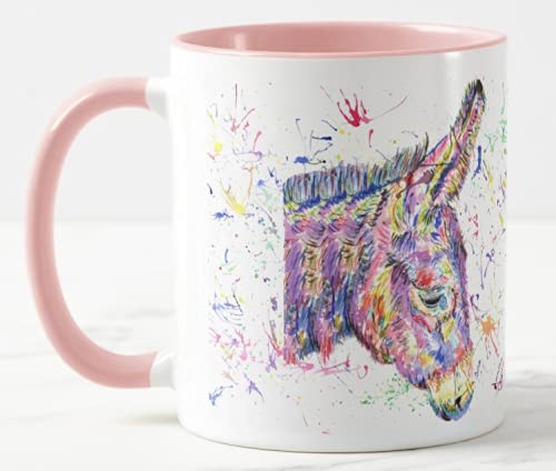 Vixar Donkey Farm Animal Watercolour Rainbow Art Coloured Mug Cup, Gift, Birthday, Work, Office, Christmas Tea Coffee (Pink)