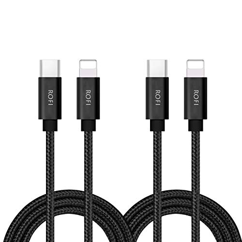 RoFI USB-C to Phone 11 Charger Cable [2 Pack 2 Feet] Power Delivery Fast Charging Nylon Braided Charger Compatible for Phone 12/11 Pro Max XR Xs Max X 8 Plus 8 (2 Feet, 2 Pack Black)