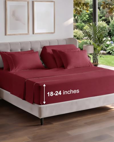 Image of Extra Deep Flex Top Split Head King Sheet Set - 6 Piece Breathable and Cooling Sheets - Hotel Luxury Bedding for Women, Men, Kids & Teens - Easy Secure Fit - Extra Deep Pockets - Burgundy