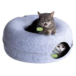 CATTASAURUS Peekaboo Cat Cave for Multiple & Large Cats Up to 30-45 Lbs, Scratch Detachable & Washable Tunnel Bed, Comfy Donut Cat Cave (Light Gray, Large)