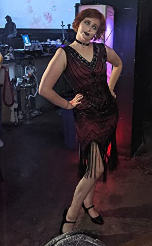 Metme Women's 1920s V Neck Beaded Fringed Gatsby Theme Flapper Dress for Prom,Wine Red,X-Large