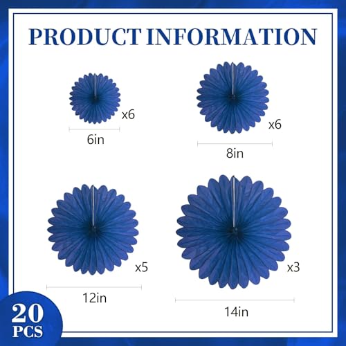 Image of 20 Pcs Navy Blue Hanging Paper Fan, Hanging Honeycomb Round Paper Fans for Weddings, Birthdays, Easter, Baby Showers, Classroom, Events Ceiling Party Supplies Decorations
