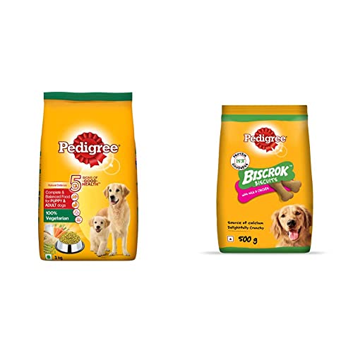 Image of Pedigree Complete & Balanced Food for Puppy & Adult Dogs, 100% Vegetarian, 3 Kg & Pedigree Biscrok Biscuits Dog Treat (Above 4 Months), Milk and Chicken Flavor, 500g Pack