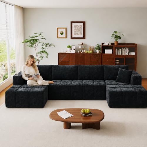 Image of KCGKCG 132 inch U Shaped Chenille Cloud Couch - No Assembly Required, Black