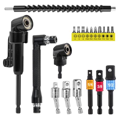 MISIQIMA 20 Pièces Renvoi D'angle Visseuse Kit, Renvoi D'angle à Tige Hexagonale de 1/4 Pouce, 105° Renvoie d Angle pour Visseuse avec Rallonges pour Espaces Confinés Perceuse