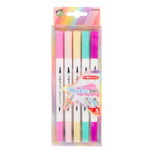 Starplast 5 Rotuladores Doble Punta Pincel 1-2mm y Punta Fina 0.4mm, 5 Colores Pastel, para Artistas, Lettering, Colorear o Uso Escolar