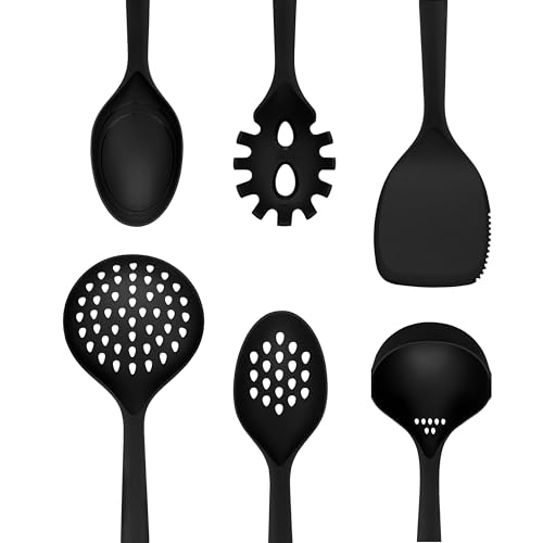 Swan Stealth 6 Piece Kitchen Tool Set, Spaghetti Server, Solid Spoon, Slotted Spoon, Solid Turner, Ladle, Skimmer, Soft Touch Handles, Hanging Holes, Black