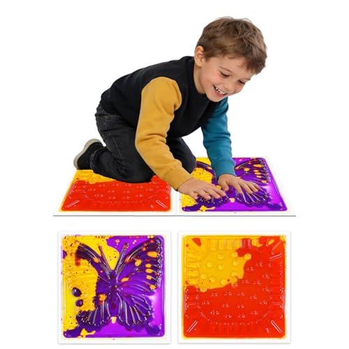 Liquid Sensory Floor Tiles for Kids: 12x12 Inch Active Play Mats for Kids Non-Toxic Leakproof -2 PCS Texture Non-Slip Color-Changing Pads Stress Relief & Motor Skills Toys