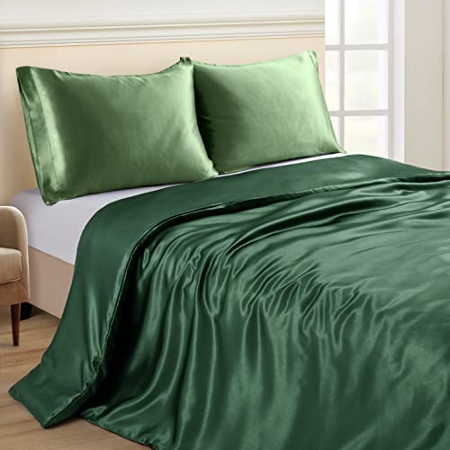 Image of NSGZ Satin Duvet Cover for Weighted Blanket, 60x80, 8 Ties, Dark Green | 8 Ties And Zipper For Secure Fit, Cooling Satin Gentle On Skin, Machine Washable, Fits 48x72 And 60x80 Weighted Blankets