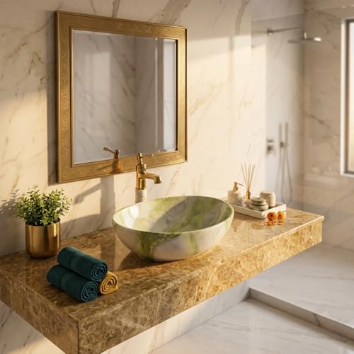 Image of Ceramic Tabletop Wash Basin - Glossy Bowl Shape Countertop Vessel Sink with Marble Finish for Bathroom & Vanity | Compact 16 x 13 x 5 Inch | Elegant Washbasin