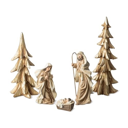 Image of Glitzhome Set of 5 Gold Christmas Tabletop Scenes, 2 Christmas Table Trees with Holy Family - Joseph, Mary, Baby Jesus Nativity Figurines Sets for Xmas Indoor Mantel Shelf Decor, Home Accents