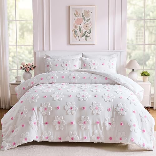 Image of Twin Size Comforter Set for Girls Pink Tufted Daisies Flowers Bedding Sets