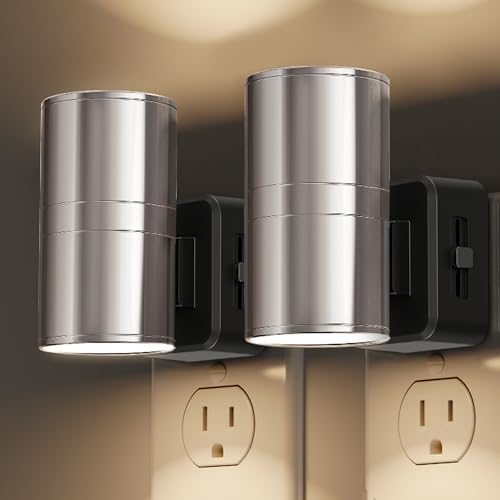Image of L LOHAS LED Night Light, Night Lights Plug into Wall, Smooth Silver Glossy Plating Metal-Shade Nightlights, Light Sensor, Soft White 3000K, Dimmable Nightlight Plug in for Hallway Bedroom,2 Pack