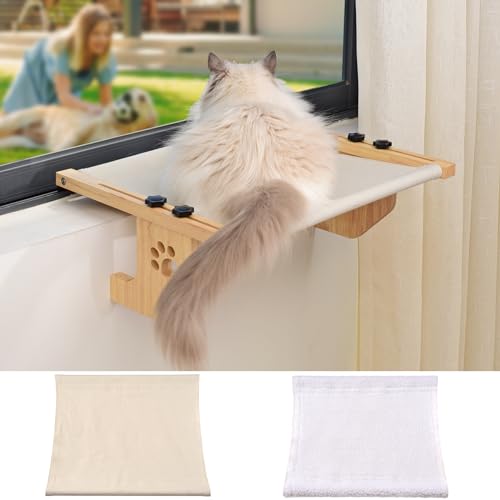 Cat Window Perch with 2 Covers Sturdy Solid Wood Cat Window Hommock for Large Cats Indoor Easy to Adjust Cat Window Bed Seat Shelf for Windowsill Bedside Cabinet and Drawer (Canvas+Plush)