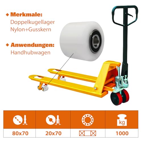 4 Stück Hubwagenrollen Polyamid Nylon 80 x 70 mm, Achse 20 mm inkl. Kugellager Rollen für Hubwagen Ersatzrollen, Max. Belastung 1000 KG