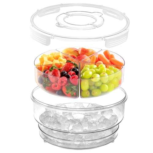 UCO Veggie Tray with Lid 11.2-Inch Chilled Divided Serving Tray Container, Ice Bottom Lazy Susan Serving Dish for Vegetable & Fruit, Rotating Snack Platter for Appertizers, Parties