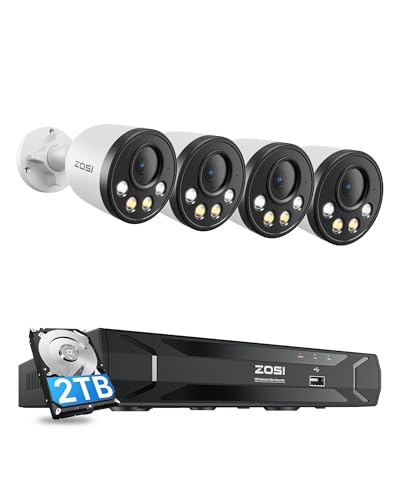 Image of ZOSI PoE Home Security Camera System, 2TB HDD, 4X 4MP Outdoor Metal Cameras | Smart Person Vehicle Detection, IP66 Weatherproof, H.265+ 8 Channel 5MP PoE Security Recorder, 24 /7 Audio & Video Recording
