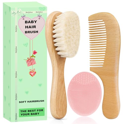 Image of Molylove 3PCS Baby Hair Brush with Wooden Handle and Comb Set for Newborns & Toddlers | Natural Soft Goat Bristles l Wood Comb l Pink Silicone Brush| Ideal for Cradle Cap