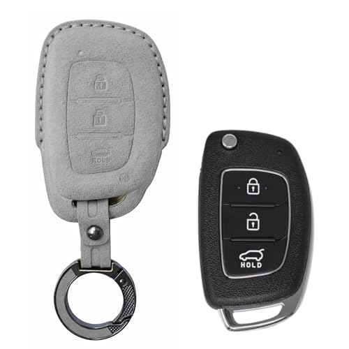 Image of KMH Alcantara Car Key Cover Compatible Hyundai Grand i10 NIOS Asta | Venue | i20 | Aura | Creta | Elantra 3 Button Shell Case Holder Key Protector Smart Keycover with Keychain (D1) Grey - Pack of 2