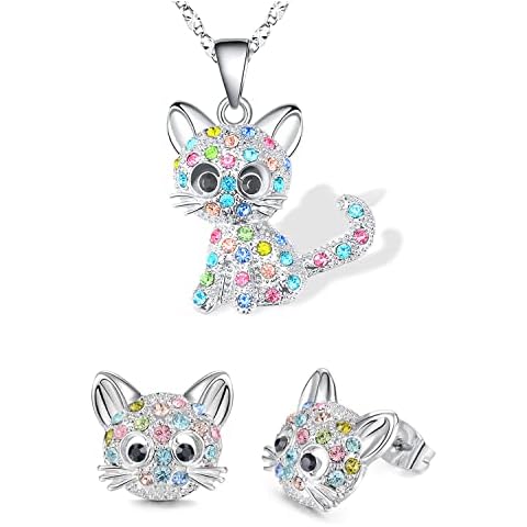 Lanqueen Cat Gifts for girls Cat Necklace and Cat Earrings Set Little girls Jewelry for Cat Lover Daughter Granddaughter Cover