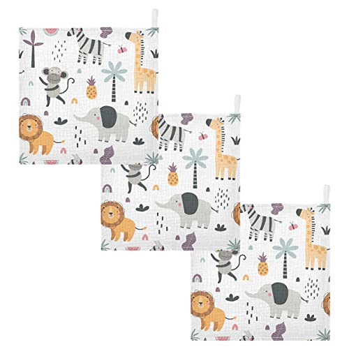Image of Cute Exotic Animals Burp Cloths for Boys Girls, Monkey Elephant Baby Muslin Washcloths Cartoon Lion Giraffe Zebra Soft Absorbent Face Bath Towel Kids Wash Cloth 12x12 Inch, 3 Pack