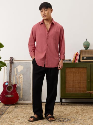 Image of The Souled Store Cotton Linen: Men and Boys Long Sleeve Spread Collar Solid Cotton Relaxed Fit Easy to Style Everyday Office Wear Cotton Linen Shirts