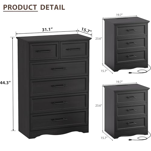 Image of Bedroom Set, 3 Pieces Bedroom Furniture Set, 6 Drawer Dresser and 3 Drawers Nightstand with Charging Station, Farmhouse Storage Organizer Cabinet for Bedroom, Black