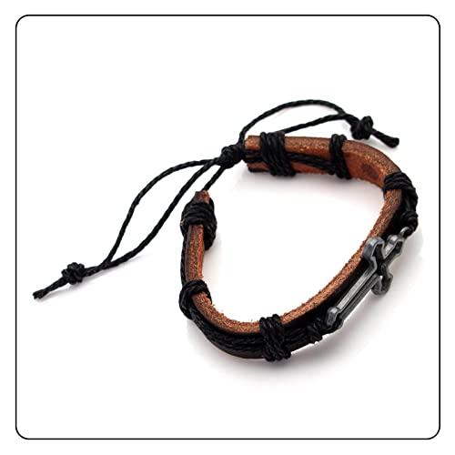 Fusamk Fashion Cross Tag Bangle Adjustable Leather Cuff Wristband Drawstring Rope Bracelet(Brown Leather Black Rope) #TOP4