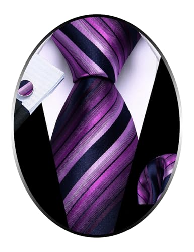 Image of Barry.Wang Man Stripe Ties Set Silk Woven Pocket Square Necktie Cufflinks Formal Party Business