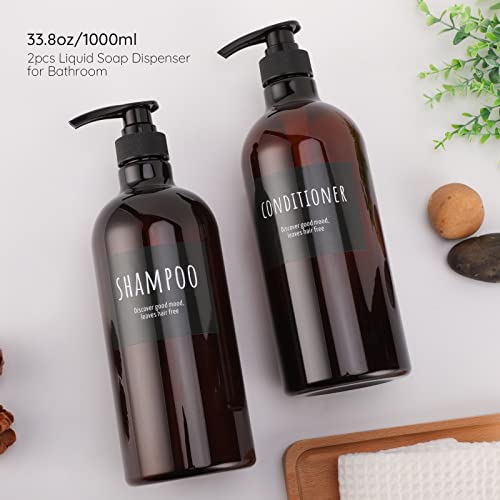 Image of Empty Plastic Bottles with Labels, Segbeauty 33.8oz Large Brown Shampoo Conditioner Reusable Dispenser, 2 Packs of 1000ml Refillable Shower Lotion Pump Press Bottles for Bathroom Hand Soap Body Wash