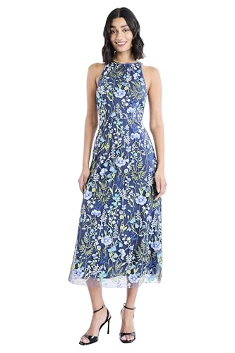 Maggy London Womens Dresses Floral Embroidered Halter Neck Midi Dress with Back V-Neck Blue/Green/Yellow 6