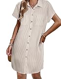 Zeagoo Shirt Dresses for Women Summer Cotton Linen Dress Trendy V-Neck A Line Loose Casual Mini Dress with Pockets Short Sleeve Button DressXXL