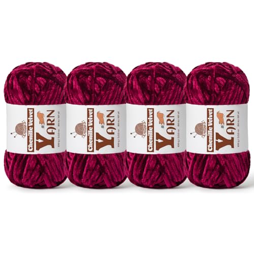 Image of 4 Pack Plush Chenille Chunky Yarn - Fluffy Velvet Yarn Crochet for Blanket Knitting and Crocheting - Soft Baby Yarns for Crocheting - Amigurumi Crochet Yarns 100g (87yds) (4 Burgundy)