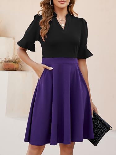 Image of Mokayee Womens Summer V Neck Ruffle Short Sleeve Fit and Flare Knee Length Church Wedding Guest Dresses with Pockets