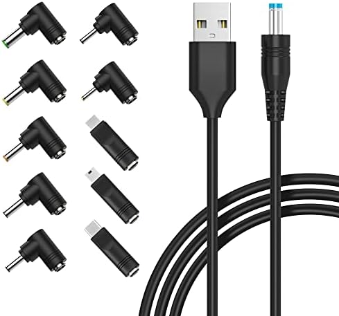 USB to DC Power Cable, Zolt Univeral 5V Power Cord DC 5.5 x 2.1mm barrel Jack Adapter with 10 Plugs, 5.5 x 2.5mm, USB Type C, Mirco USB, Mini USB, 4.8 x 1.7mm, 4.0 x 1.7mm and more