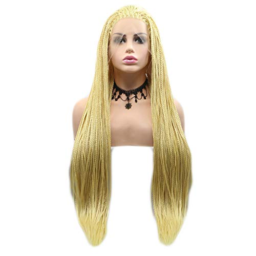 Perruque longue jaune tressée synthétique 66cm avec dentelle frontale pour femme cosplay