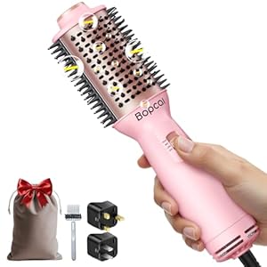 Bopcal Mini Warmluftbürste Föhnbürste, Tragbar Dualspannung Rundbürstenföhn für Reise, 4 in 1 Ionen Heißluftbürste für Volumen & Glatte Haare, 3 Temperatur, Blowout Brush für US & UK Stecker, Rosa