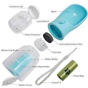Dog Water Bottle with Filter, Portable Travel Dog Water Dispenser with Food Container & Dog Poop Bags Rolls, Leak Proof, Machine-Wash, Food Grade Plastic - Cycling & Long Flight (Blue, 10 oz) Dog Water Bottle with Filter, Portable Travel Dog Water Dispenser with Food Container & Dog Poop Bags Rolls, Leak Proof, Machine-Wash, Food Grade Plastic – Cycling & Long Flight (Blue, 10 oz)