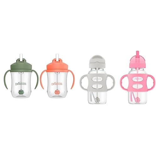 Dr. Brown's Milestones - Vaso con popote para bebé, taza de entrenamiento con popote pesado, coral y verde oliva, paquete de 2, 6 meses y Milestones