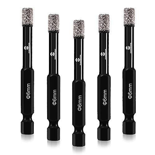 Diamond Drill Bits Set, 5 Piece 1/4" (6mm) Dry Diamond Hole Saw with Quick Change Hex Shank, Vacuum Brazed Diamond Core Drill Bit for Granite Ceramic Marble Tile Stone Glass Hard Materials
