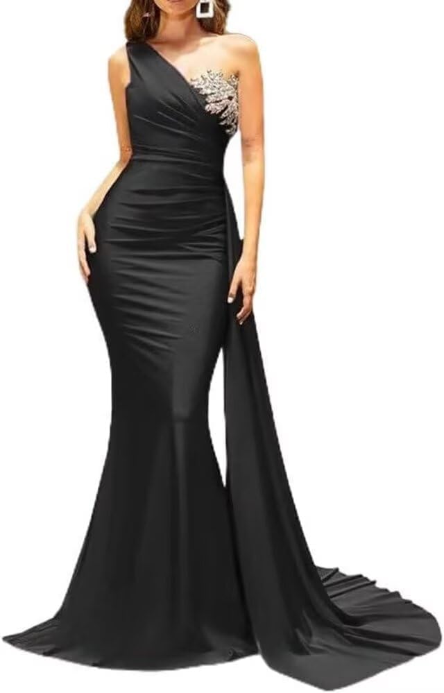 Mermaid Bridesmaid Dresses for Women One Shoulder Prom Dress Ruched Satin Beaded Formal Evening Gown with Train